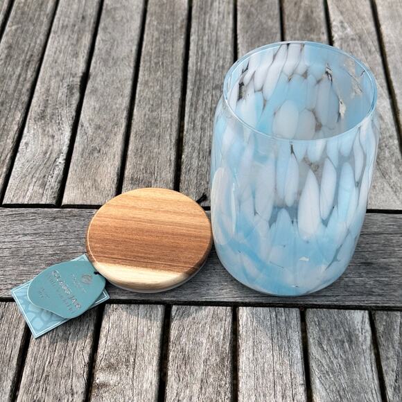 Murano Light Pastel Blue Confetti Glass Jar with Acacia Lid BPA Free Storage New - Picture 9 of 12